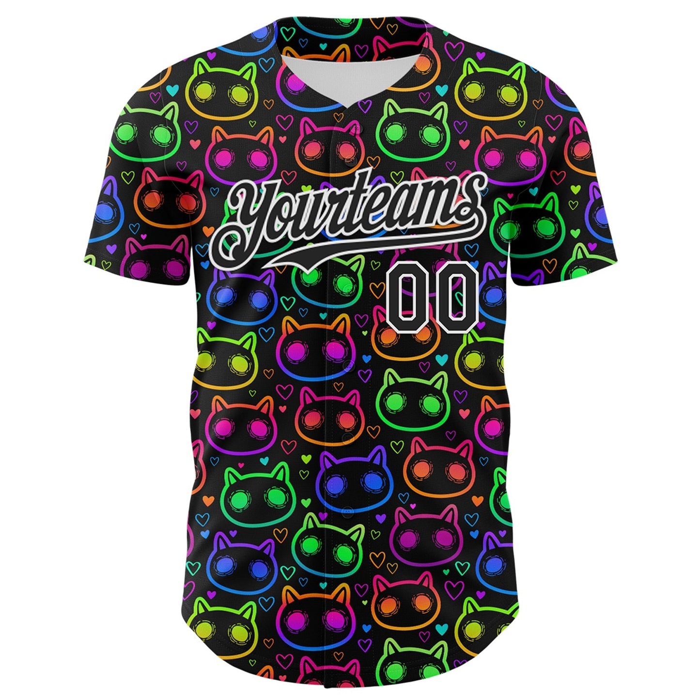 Custom Black White 3D Pattern Design Rave Psychedelic Neon Cartoon Cat Authentic Baseball Jersey baseball jersey product view 2