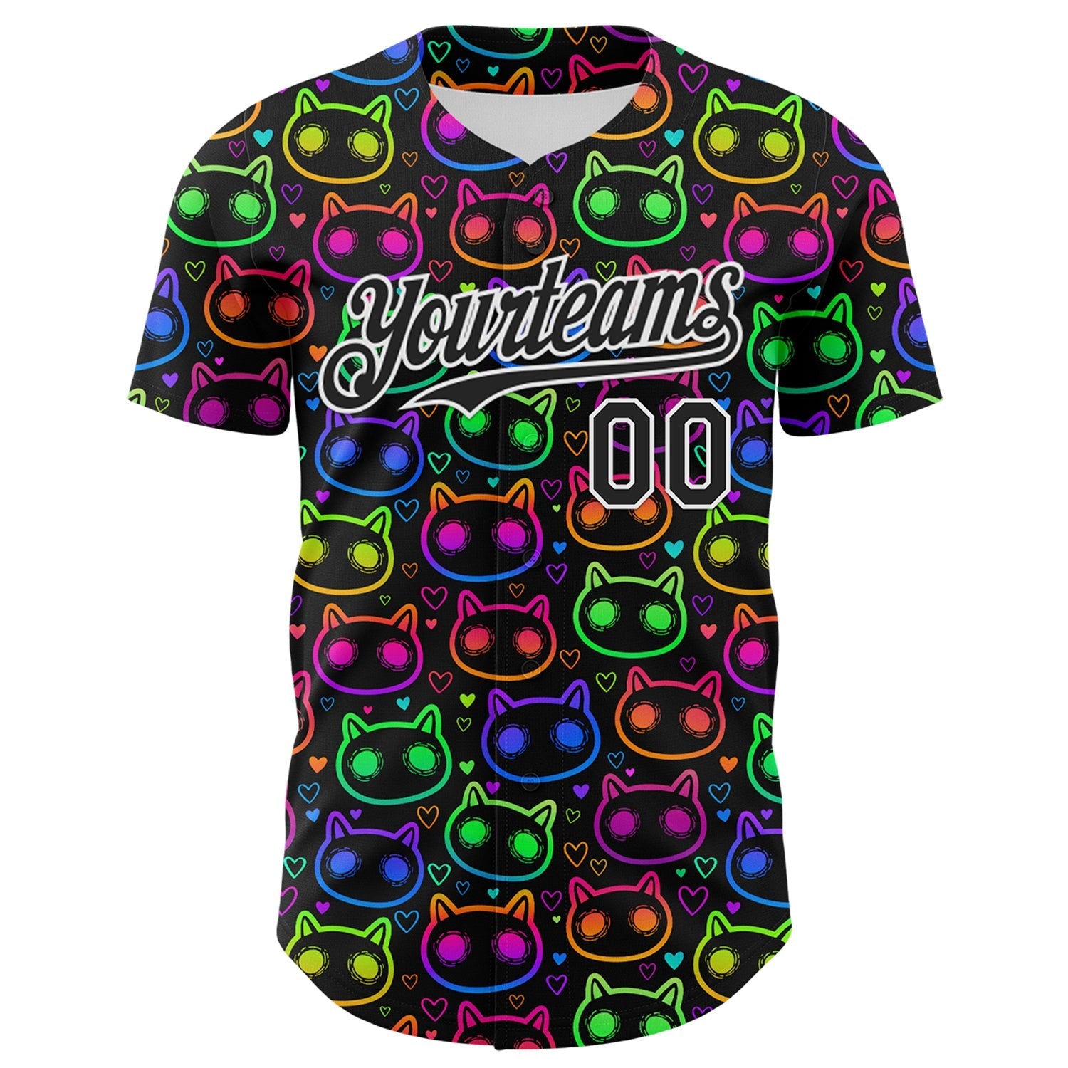 Custom Black White 3D Pattern Design Rave Psychedelic Neon Cartoon Cat Authentic Baseball Jersey baseball jersey product view 2