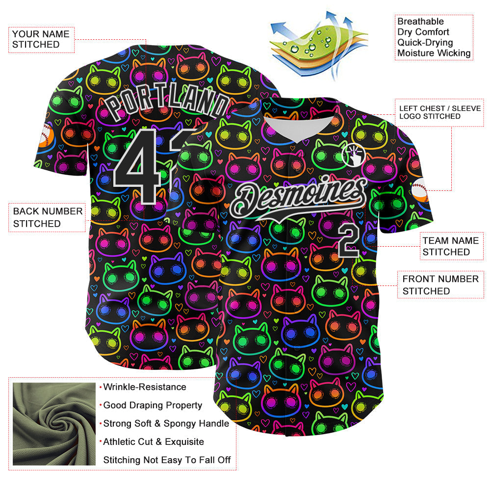 Custom Black White 3D Pattern Design Rave Psychedelic Neon Cartoon Cat Authentic Baseball Jersey baseball jersey product view 3