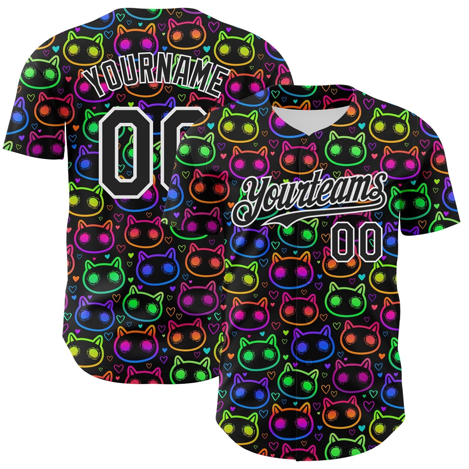 Custom Black White 3D Pattern Design Rave Psychedelic Neon Cartoon Cat Authentic Baseball Jersey baseball jersey product view 1