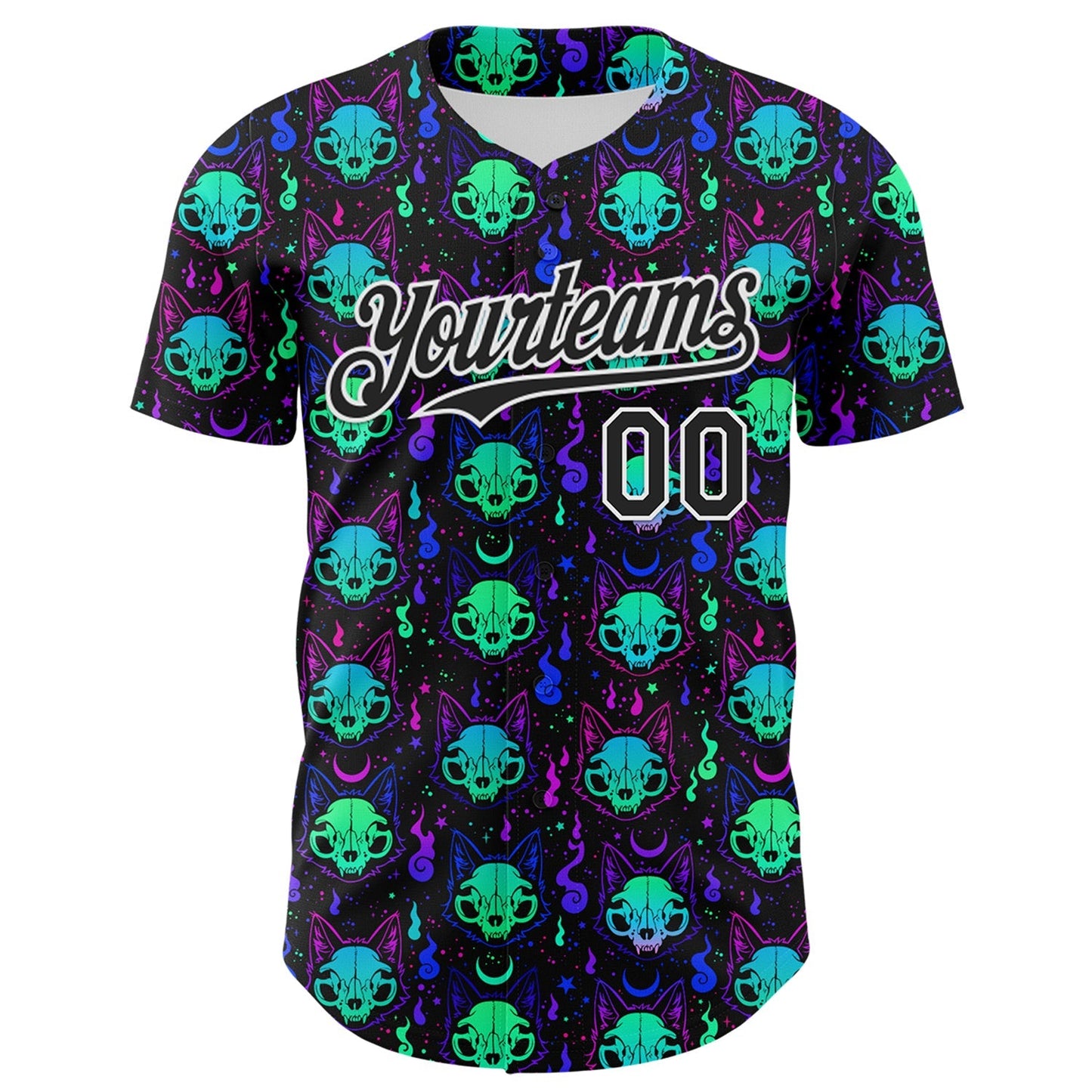 Custom Black White 3D Pattern Design Rave Psychedelic Neon Cat Skull Authentic Baseball Jersey baseball jersey product view 2
