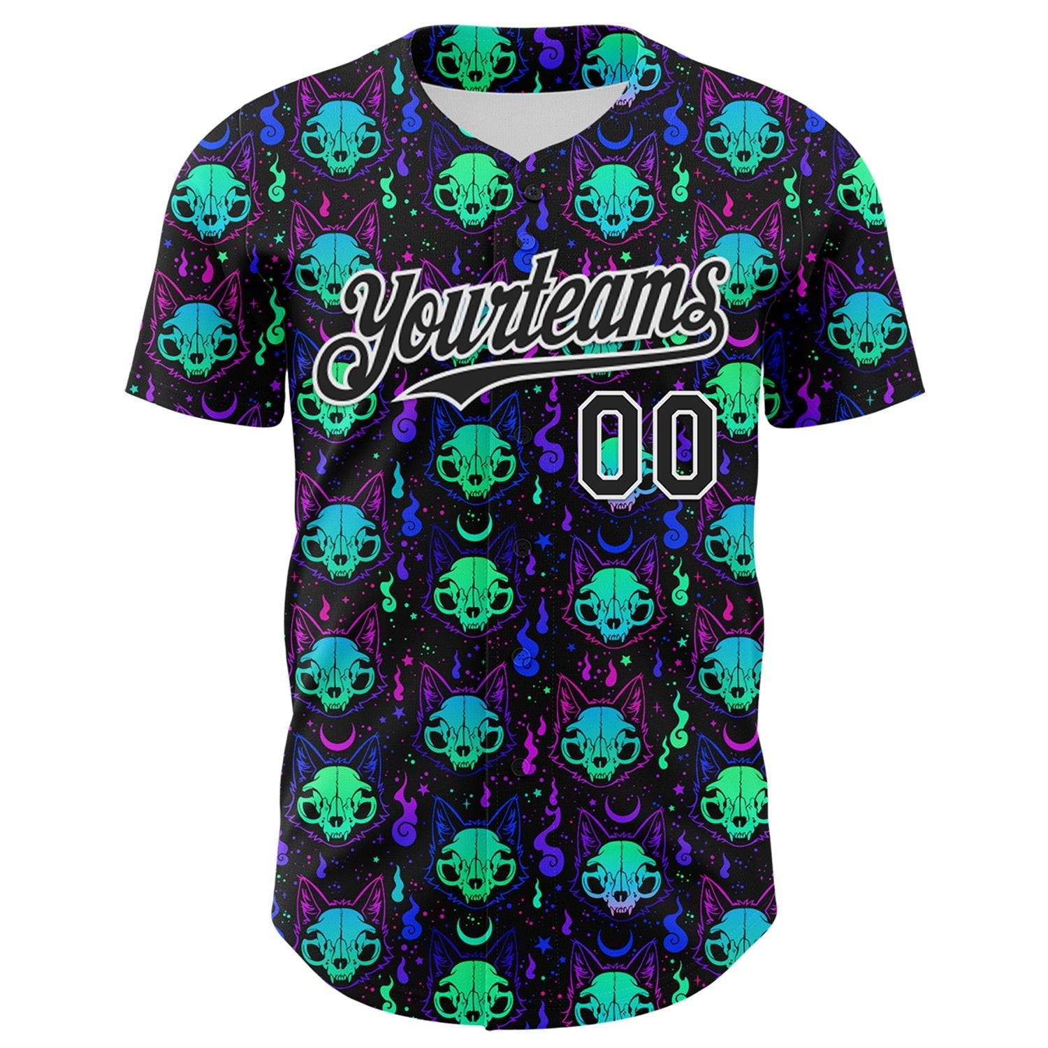 Custom Black White 3D Pattern Design Rave Psychedelic Neon Cat Skull Authentic Baseball Jersey baseball jersey product view 2