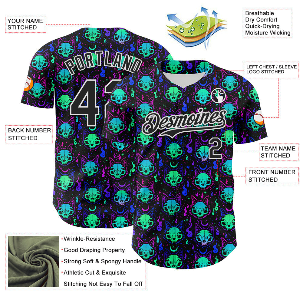 Custom Black White 3D Pattern Design Rave Psychedelic Neon Cat Skull Authentic Baseball Jersey baseball jersey product view 3