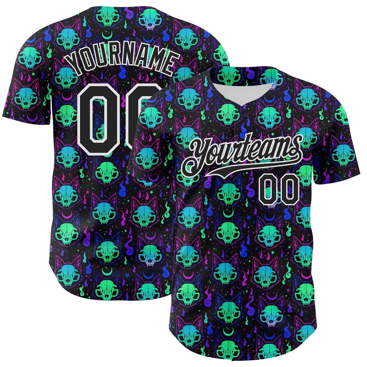 Custom Black White 3D Pattern Design Rave Psychedelic Neon Cat Skull Authentic Baseball Jersey baseball jersey product view 1