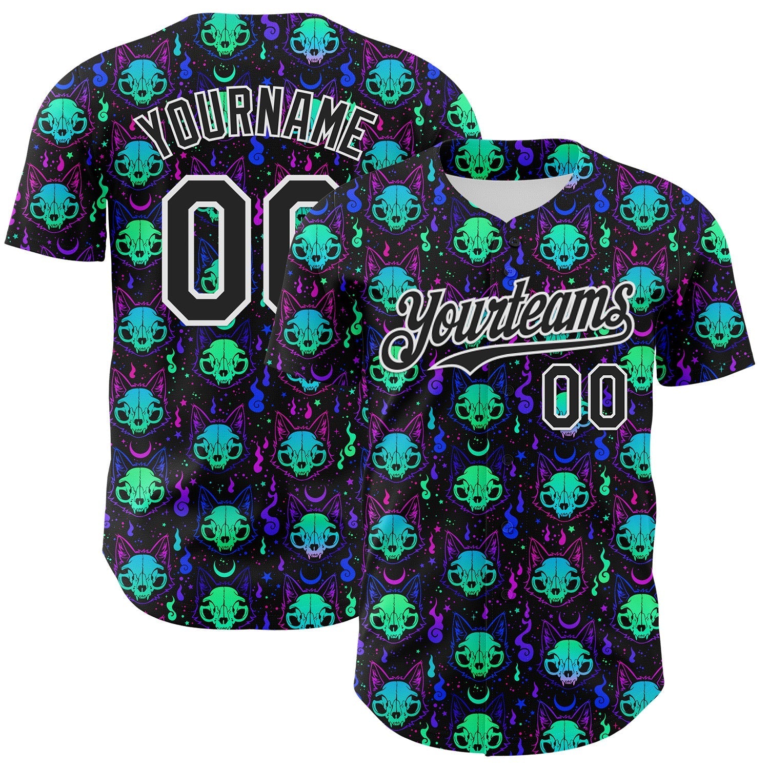 Custom Black White 3D Pattern Design Rave Psychedelic Neon Cat Skull Authentic Baseball Jersey baseball jersey product view 1