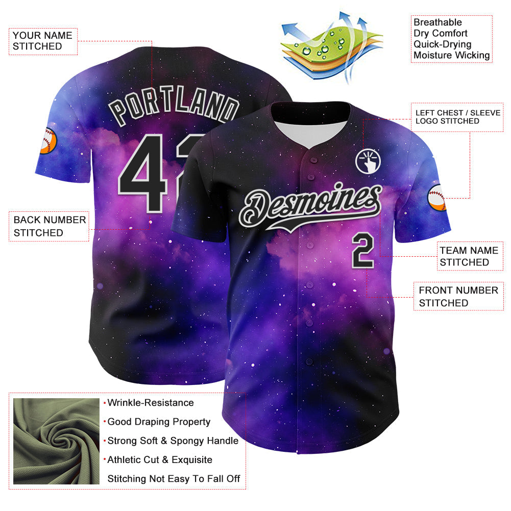 Custom Black White 3D Pattern Design Rave Psychedelic Space Galaxy Star Authentic Baseball Jersey baseball jersey product view 3
