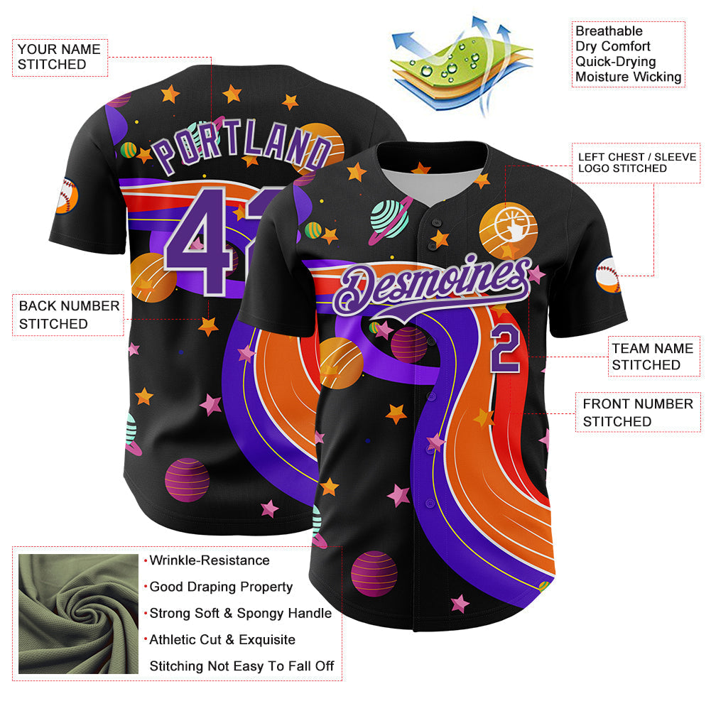 Custom Black Purple-White 3D Pattern Design Space Galaxy Star Authentic Baseball Jersey baseball jersey product view 3