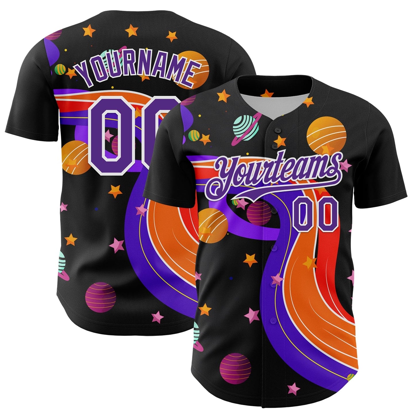 Custom Black Purple-White 3D Pattern Design Space Galaxy Star Authentic Baseball Jersey baseball jersey product view 1