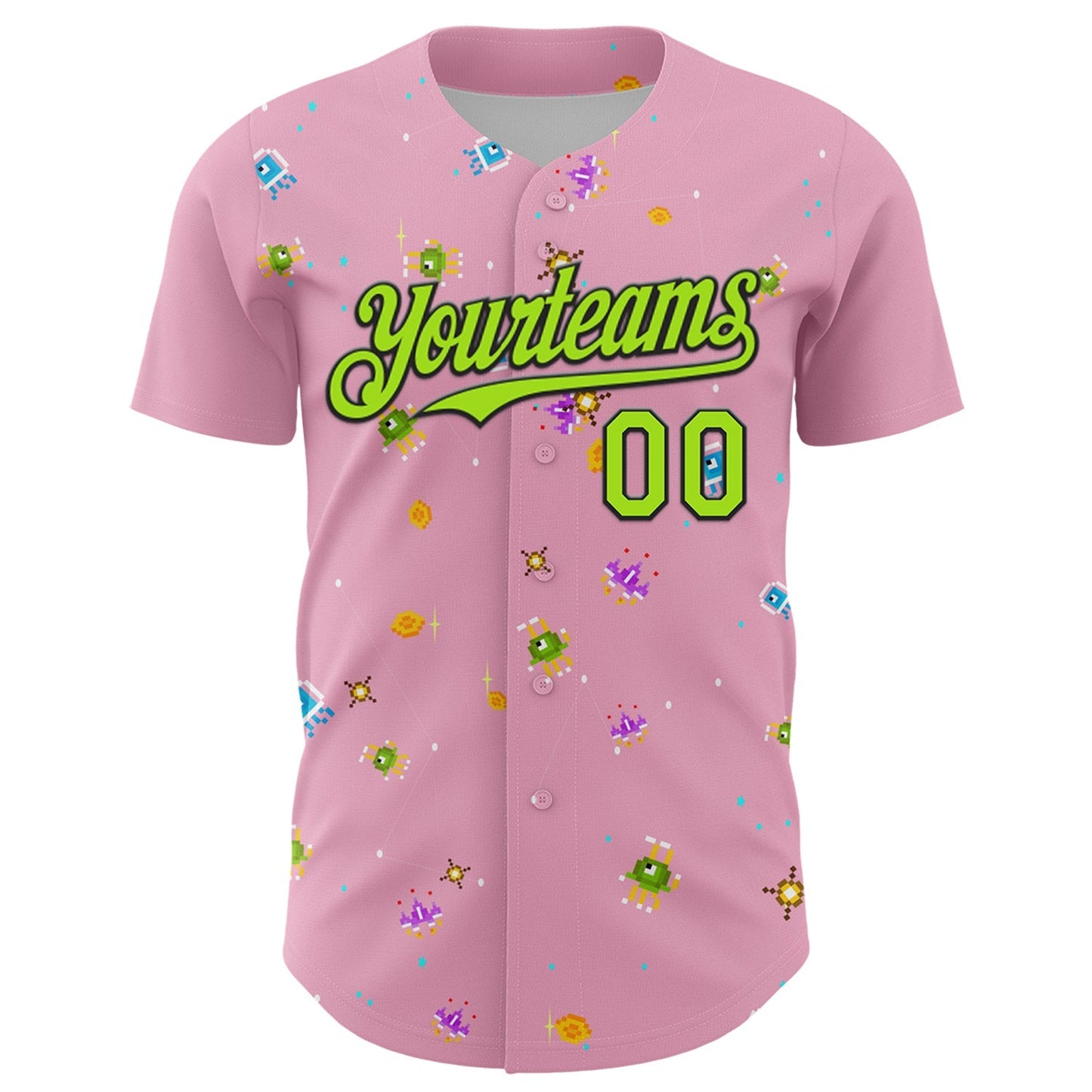 Custom Light Pink Neon Green-Black 3D Pattern Design Retro Pixel Arcade Game Authentic Baseball Jersey baseball jersey product view 2