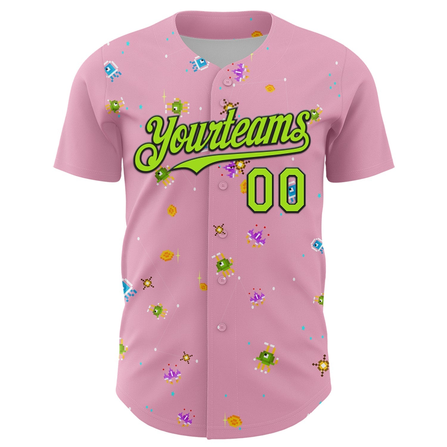 Custom Light Pink Neon Green-Black 3D Pattern Design Retro Pixel Arcade Game Authentic Baseball Jersey baseball jersey product view 2