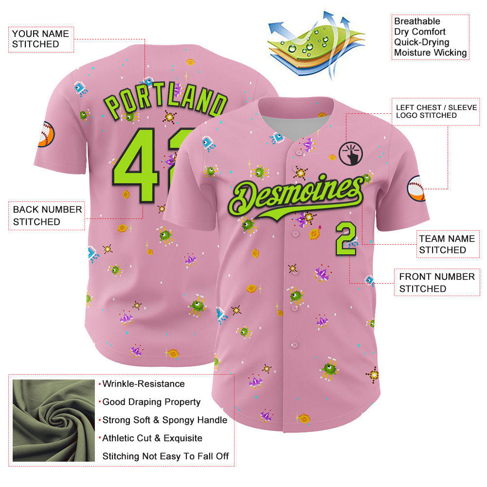 Custom Light Pink Neon Green-Black 3D Pattern Design Retro Pixel Arcade Game Authentic Baseball Jersey baseball jersey product view 3
