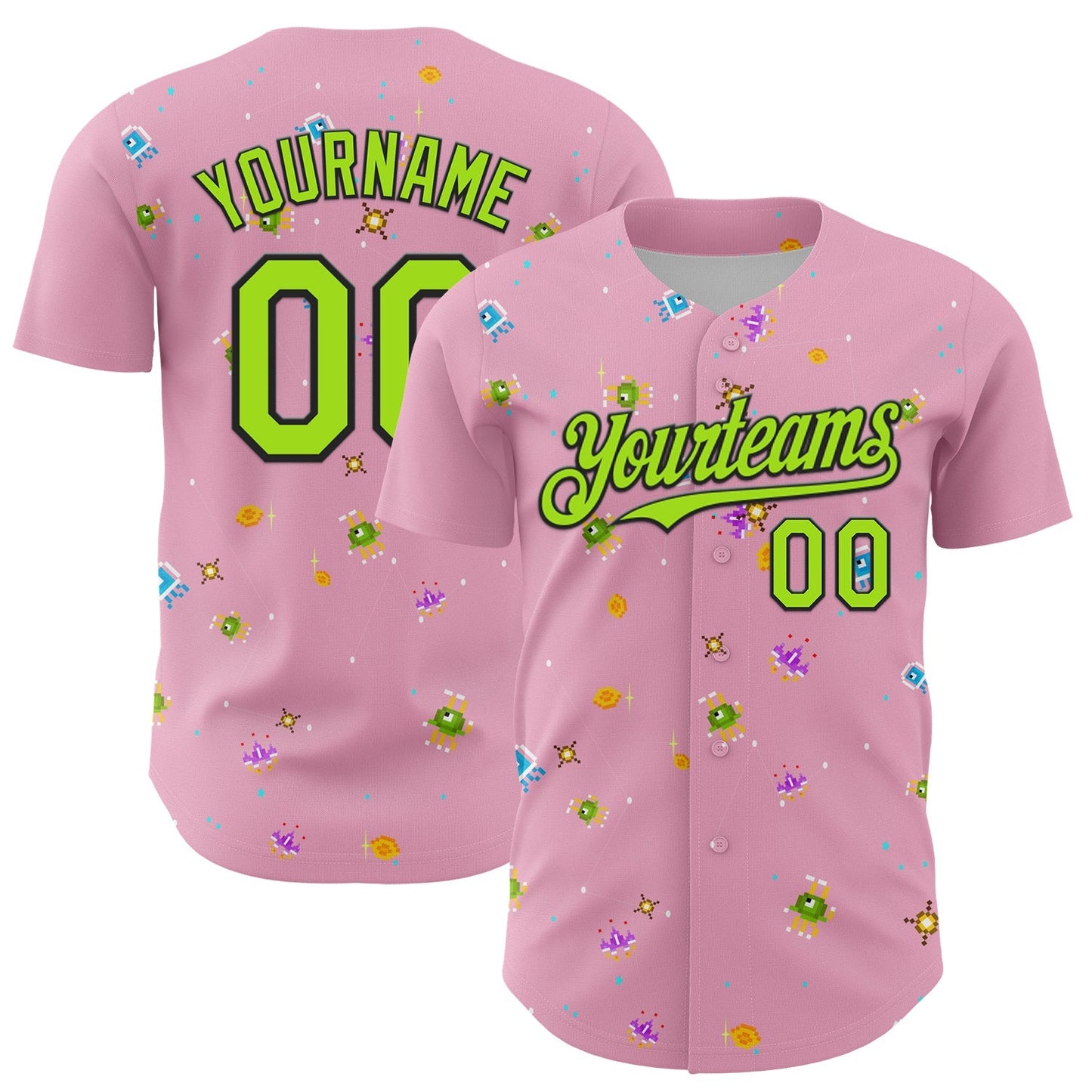 Custom Light Pink Neon Green-Black 3D Pattern Design Retro Pixel Arcade Game Authentic Baseball Jersey baseball jersey product view 1