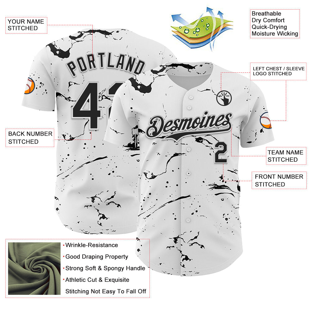 Custom White Black 3D Pattern Design Graffiti Splash Ink Authentic Baseball Jersey baseball jersey product view 3