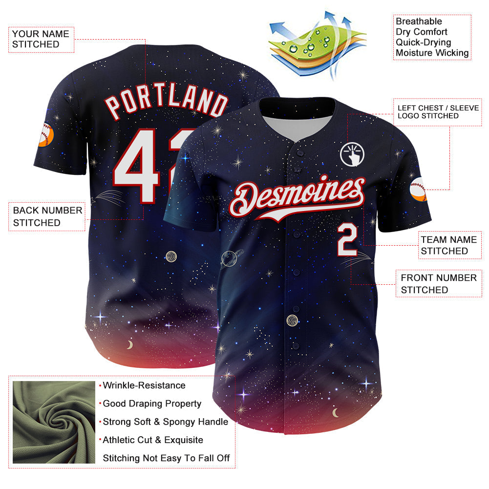 Custom Navy White-Red 3D Pattern Design Space Galaxy Star Authentic Baseball Jersey baseball jersey product view 3