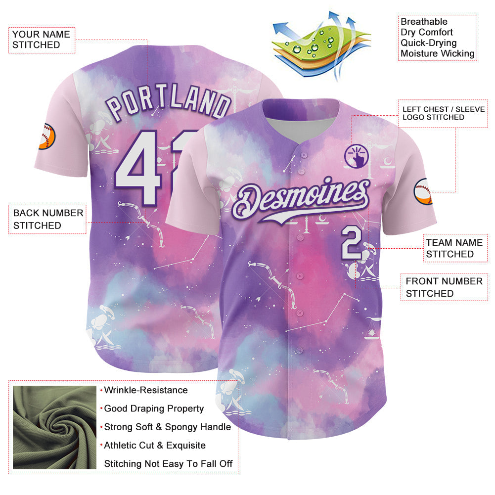 Custom Purple White 3D Pattern Design Constellation Space Galaxy Star Authentic Baseball Jersey baseball jersey product view 3