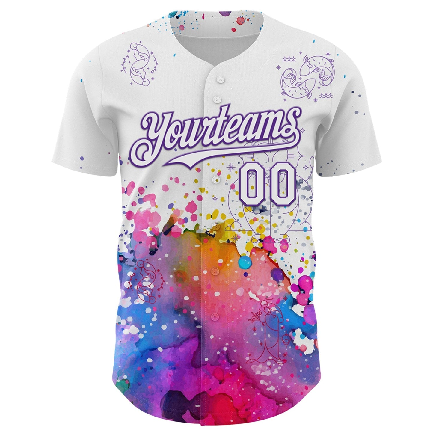 Custom White Purple 3D Pattern Design Graffiti Splash And Constellation Space Galaxy Star Authentic Baseball Jersey baseball jersey product view 2