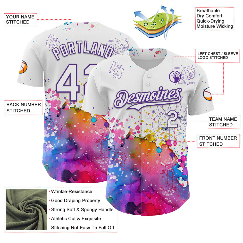 Custom White Purple 3D Pattern Design Graffiti Splash And Constellation Space Galaxy Star Authentic Baseball Jersey baseball jersey product view 3