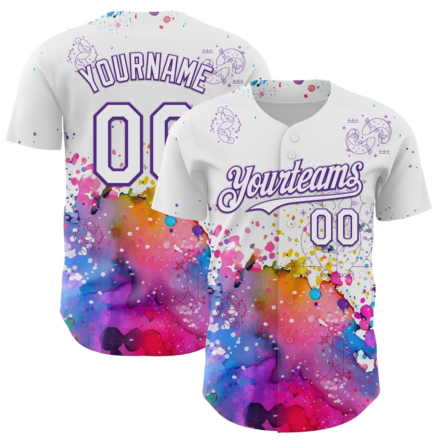 Custom White Purple 3D Pattern Design Graffiti Splash And Constellation Space Galaxy Star Authentic Baseball Jersey baseball jersey product view 1