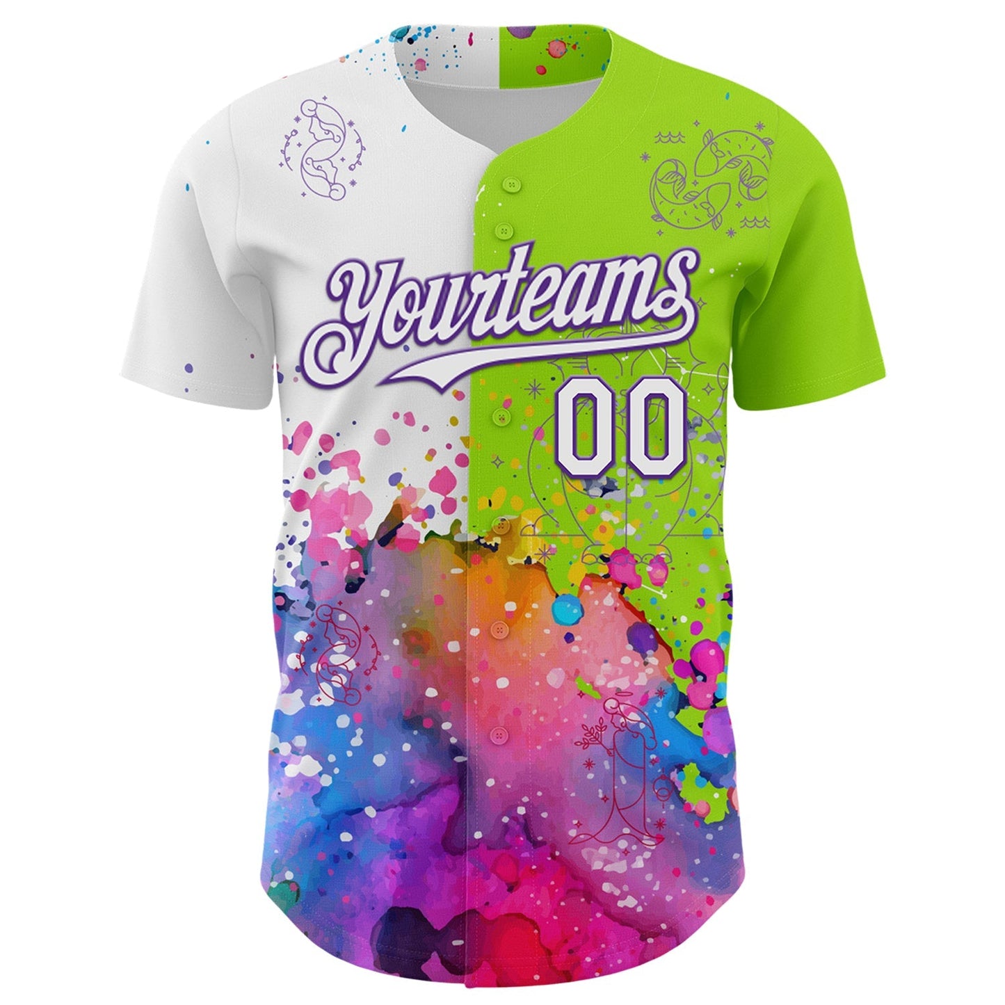 Custom Neon Green White-Purple 3D Pattern Design Graffiti Splash And Constellation Space Galaxy Star Authentic Baseball Jersey baseball jersey product view 2