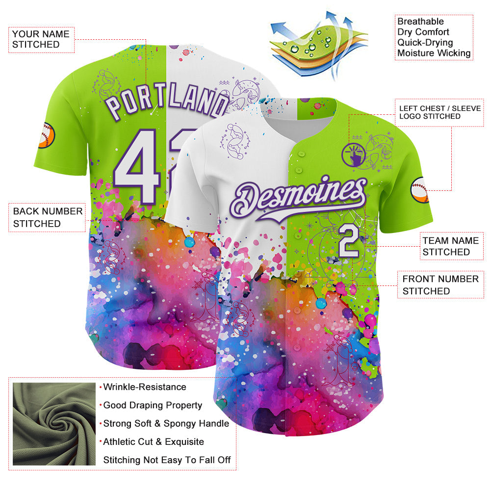 Custom Neon Green White-Purple 3D Pattern Design Graffiti Splash And Constellation Space Galaxy Star Authentic Baseball Jersey baseball jersey product view 3