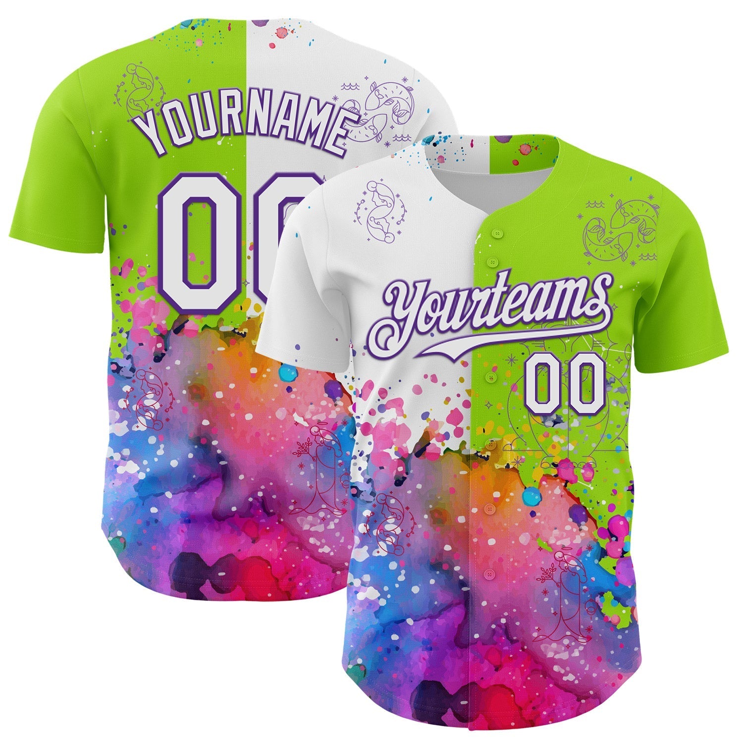 Custom Neon Green White-Purple 3D Pattern Design Graffiti Splash And Constellation Space Galaxy Star Authentic Baseball Jersey baseball jersey product view 1