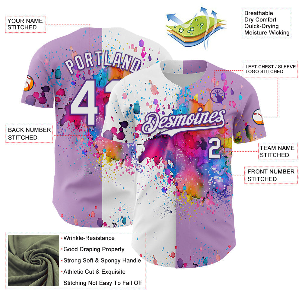 Custom Light Purple White-Purple 3D Pattern Design Graffiti Splash Authentic Baseball Jersey baseball jersey product view 3