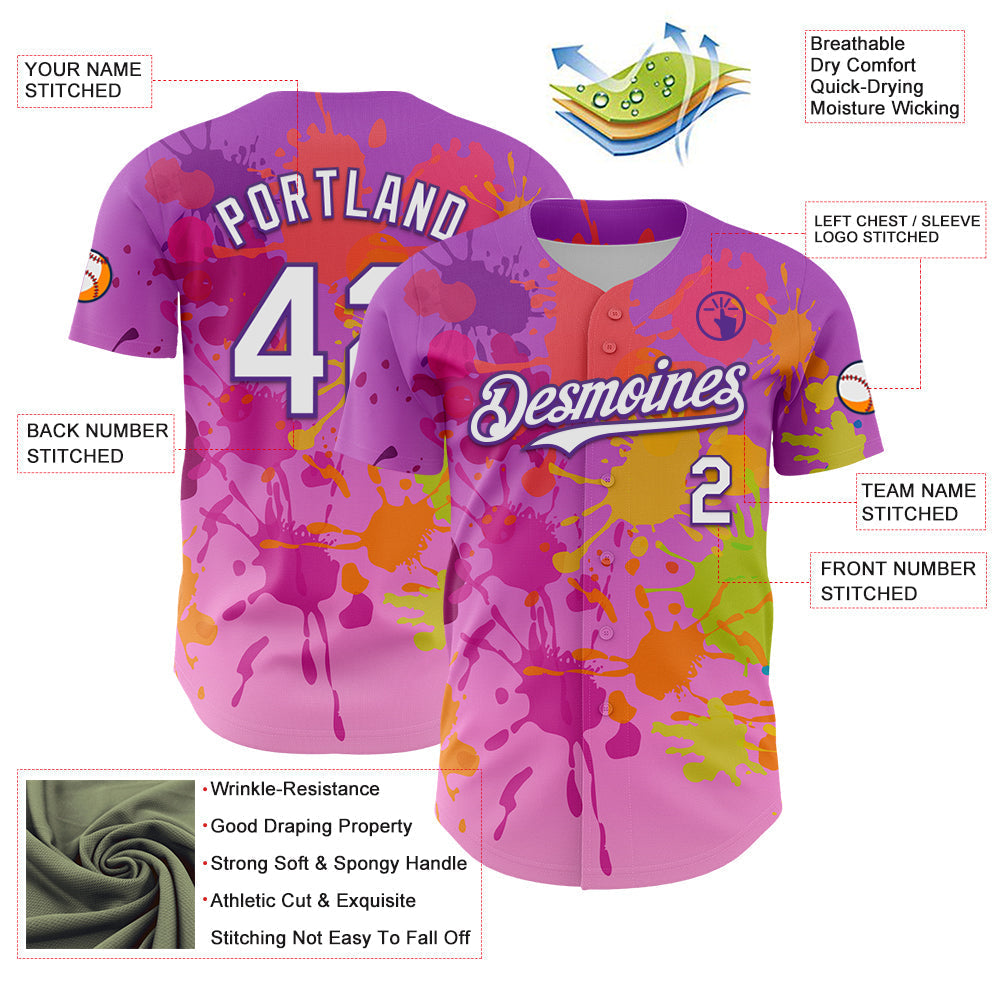 Custom Purple White 3D Pattern Design Graffiti Splash Authentic Baseball Jersey baseball jersey product view 3