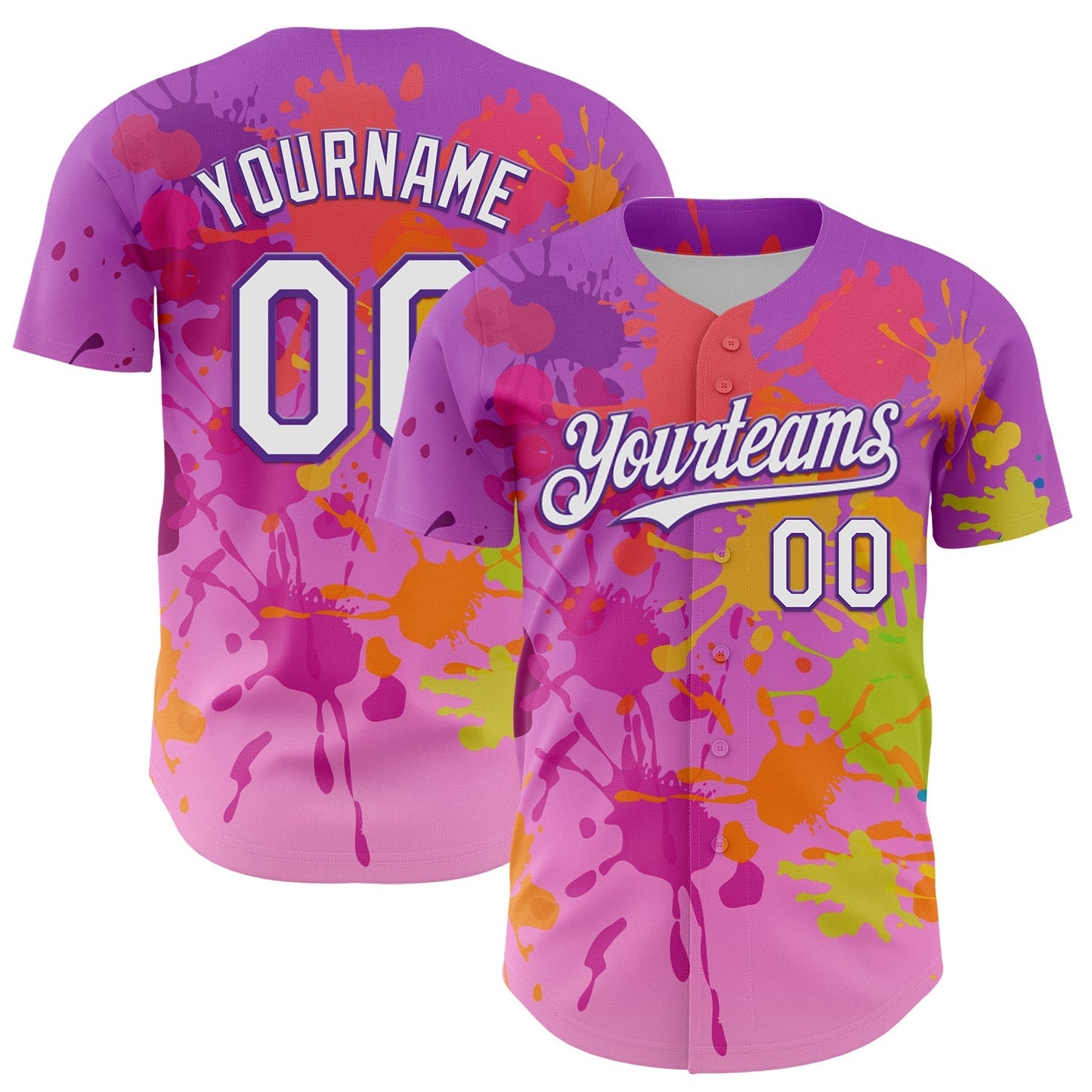 Custom Purple White 3D Pattern Design Graffiti Splash Authentic Baseball Jersey baseball jersey product view 1