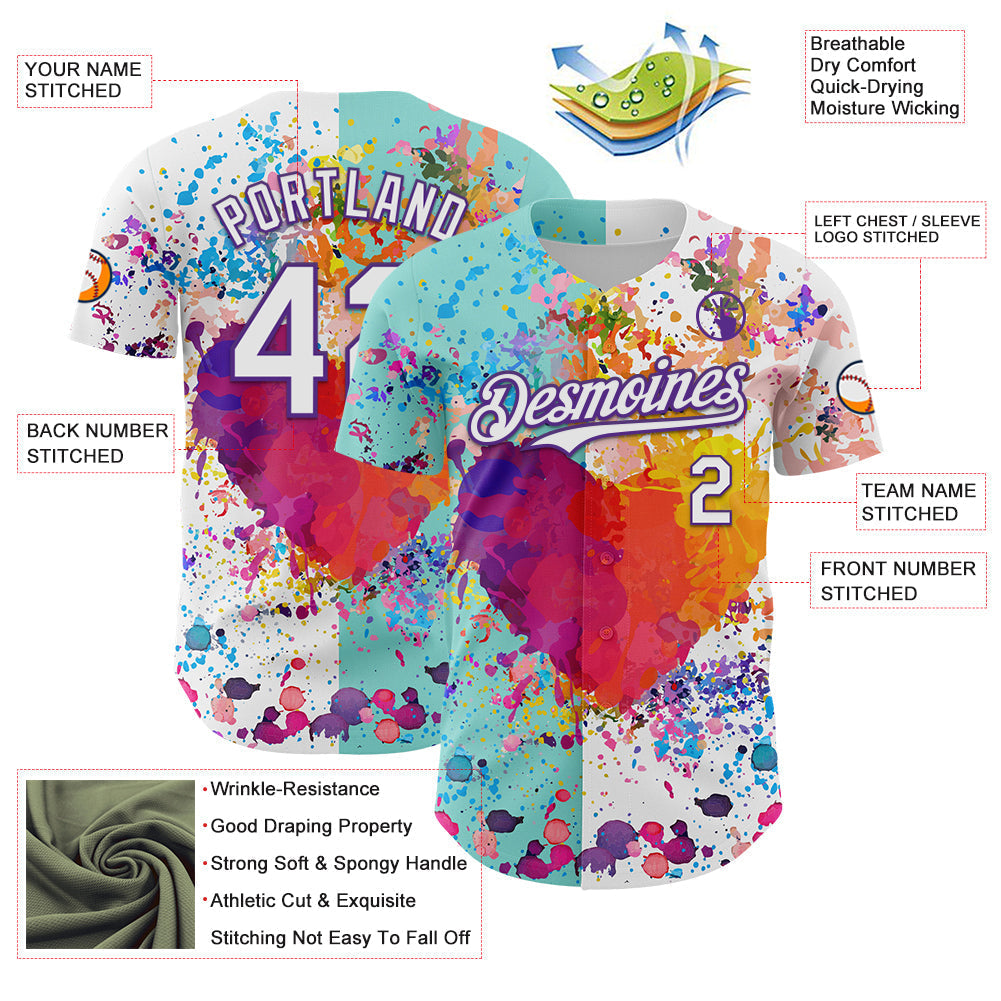 Custom White Ice Blue-Purple 3D Pattern Design Graffiti Splash Authentic Baseball Jersey baseball jersey product view 3