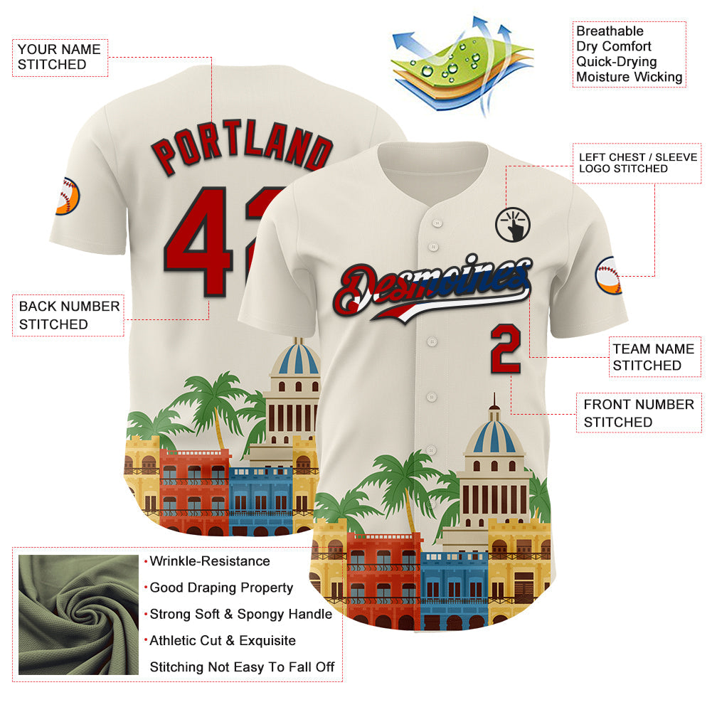 Custom Cream Red Black-Cuban Flag 3D Cuba Havana Authentic Baseball Jersey baseball jersey product view 3