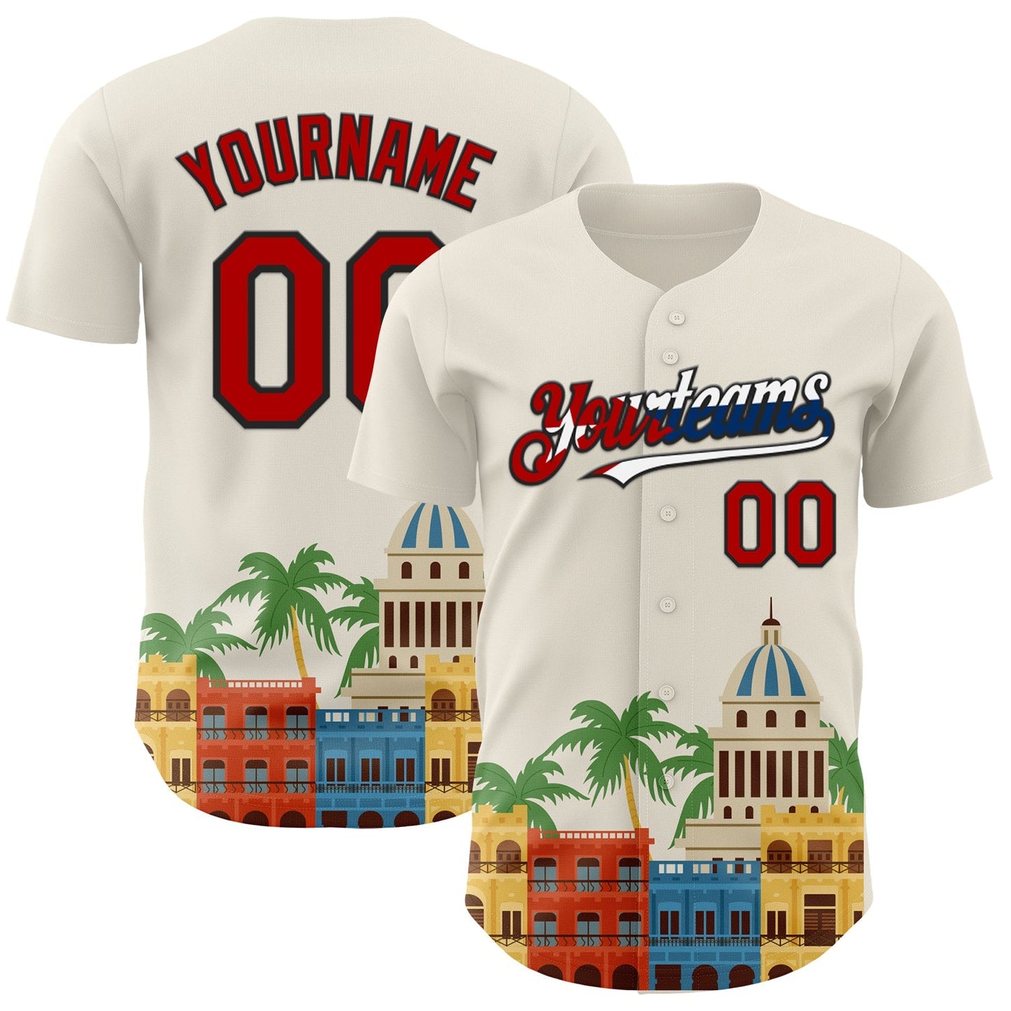Custom Cream Red Black-Cuban Flag 3D Cuba Havana Authentic Baseball Jersey baseball jersey product view 1