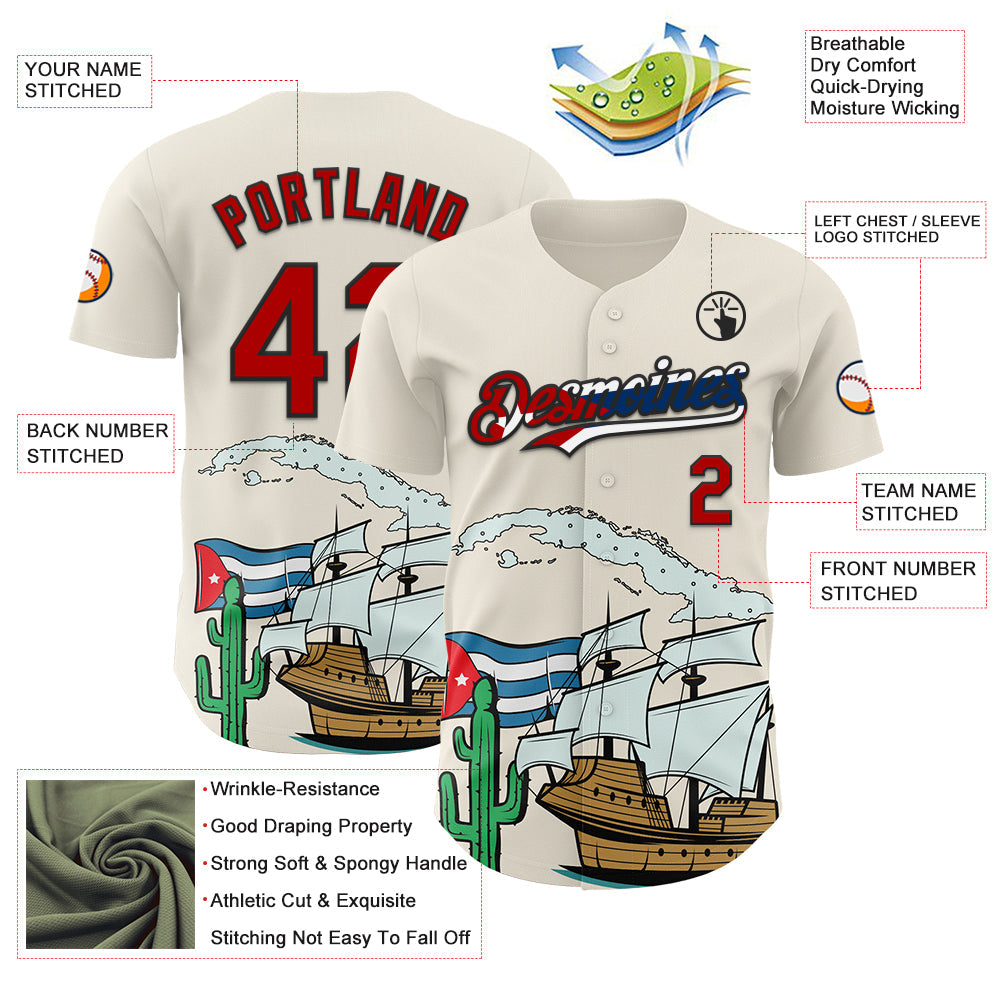 Custom Cream Red Black-Cuban Flag 3D Cuba Authentic Baseball Jersey baseball jersey product view 3