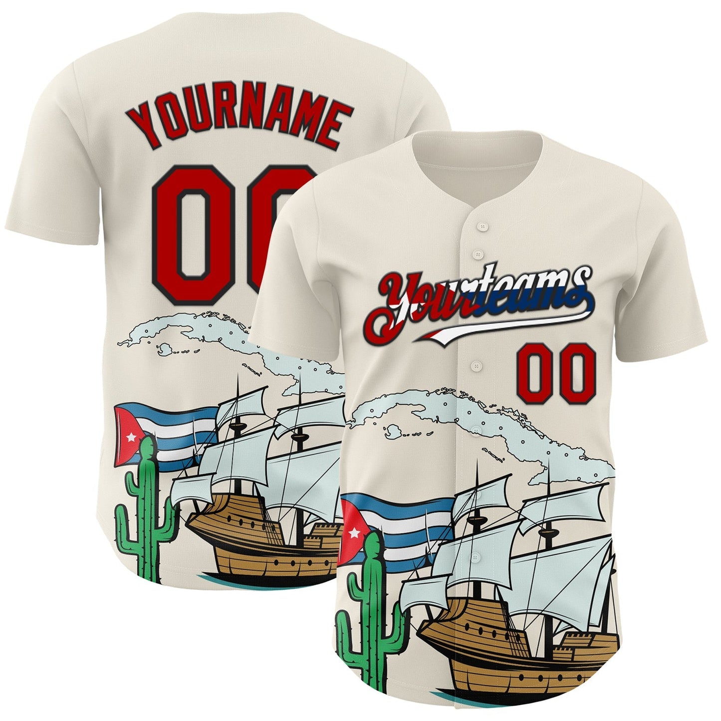 Custom Cream Red Black-Cuban Flag 3D Cuba Authentic Baseball Jersey baseball jersey product view 1