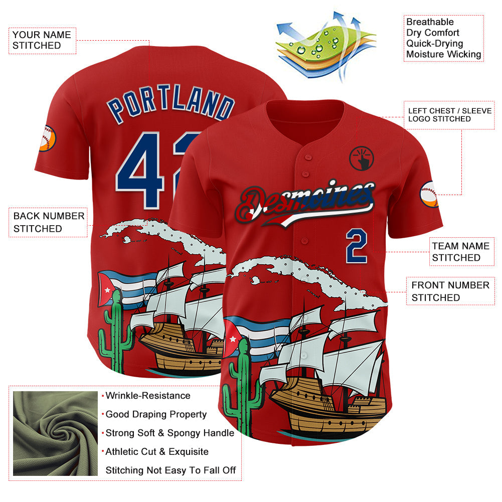 Custom Red US Navy Blue White Cuban Flag-Black 3D Cuba Authentic Baseball Jersey baseball jersey product view 3