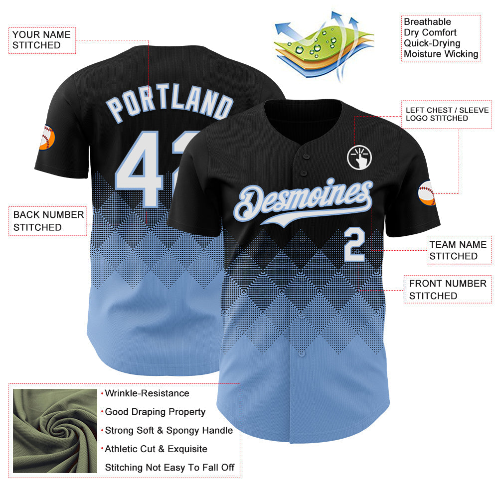 Custom Black White-Light Blue 3D Gradient Square Shape Authentic Baseball Jersey baseball jersey product view 3