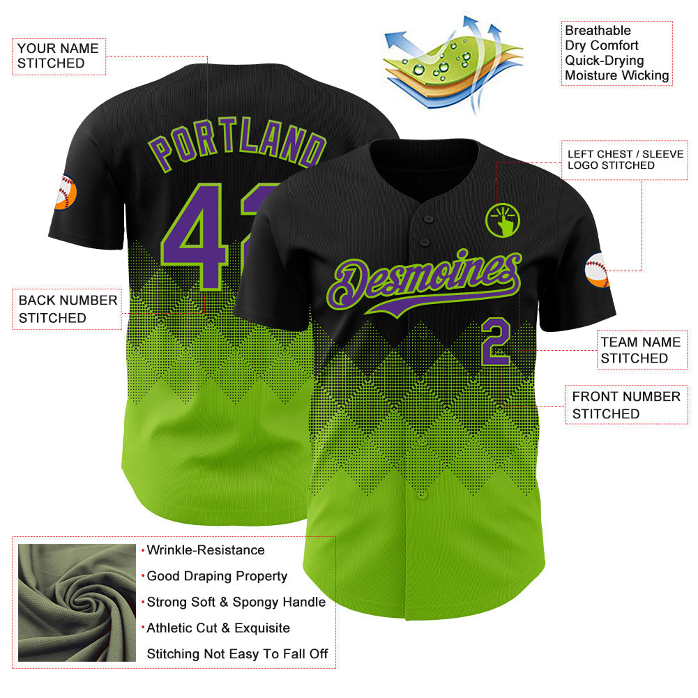 Custom Black Purple-Neon Green 3D Gradient Square Shape Authentic Baseball Jersey baseball jersey product view 3
