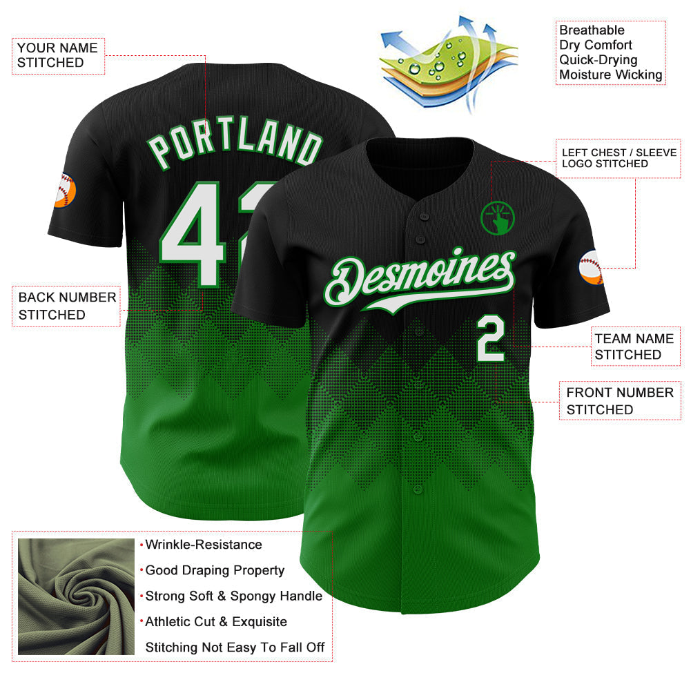 Custom Black White-Grass Green 3D Gradient Square Shape Authentic Baseball Jersey baseball jersey product view 3