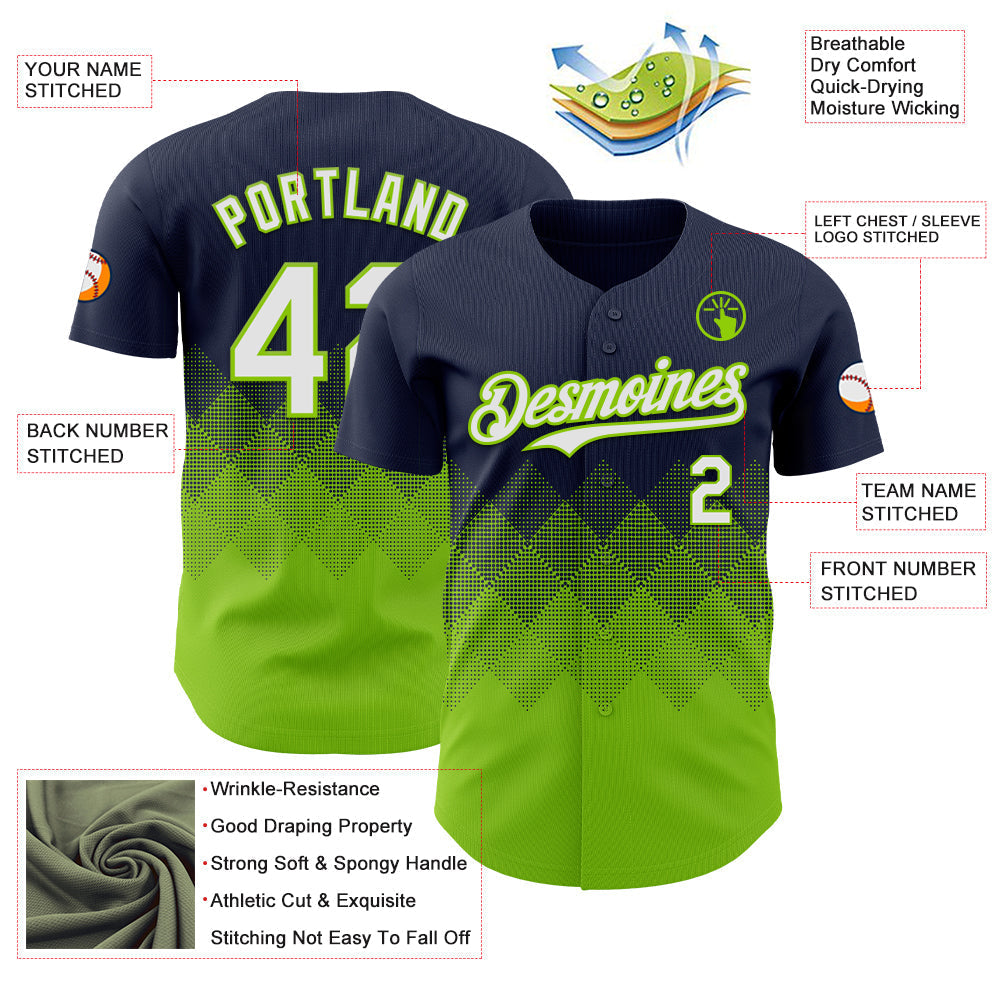Custom Navy White-Neon Green 3D Gradient Square Shape Authentic Baseball Jersey baseball jersey product view 3