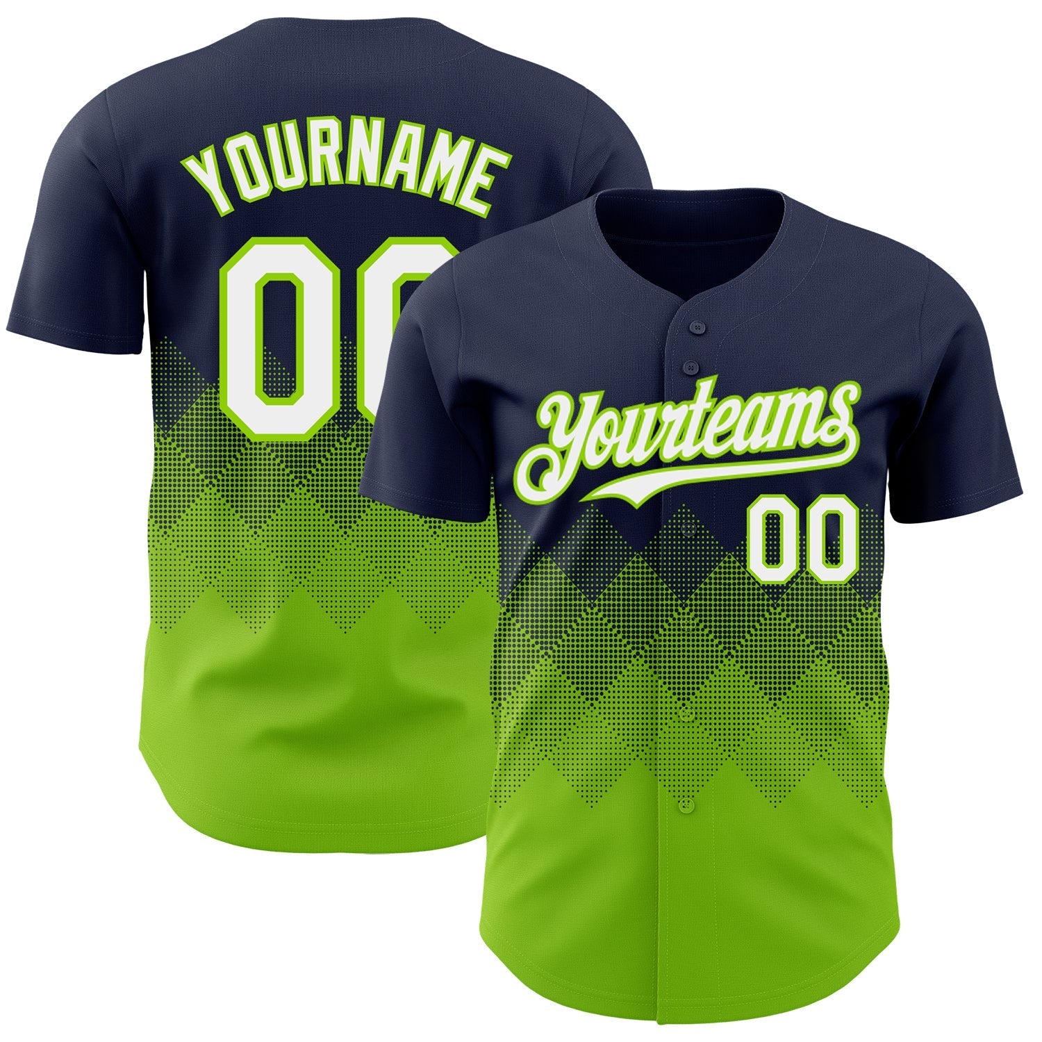 Custom Navy White-Neon Green 3D Gradient Square Shape Authentic Baseball Jersey baseball jersey product view 1