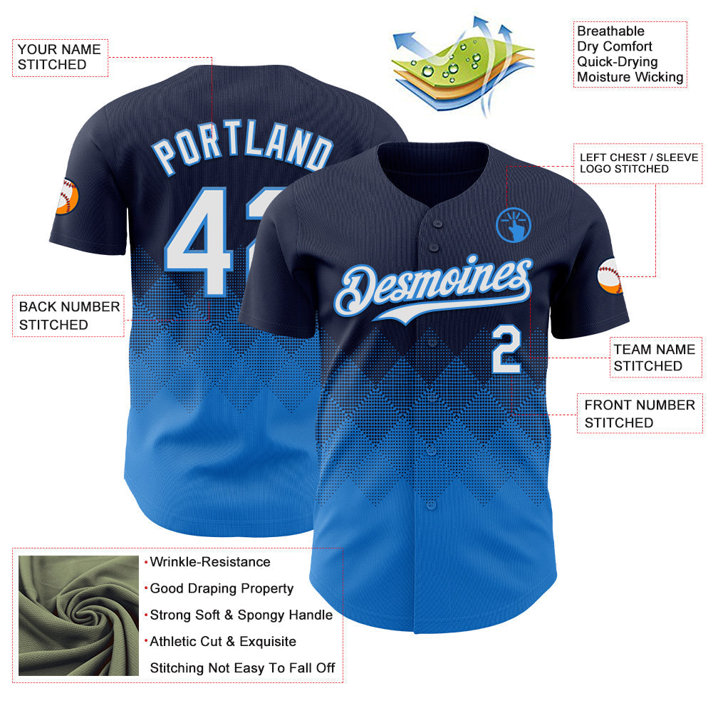 Custom Navy White-Electric Blue 3D Gradient Square Shape Authentic Baseball Jersey baseball jersey product view 3