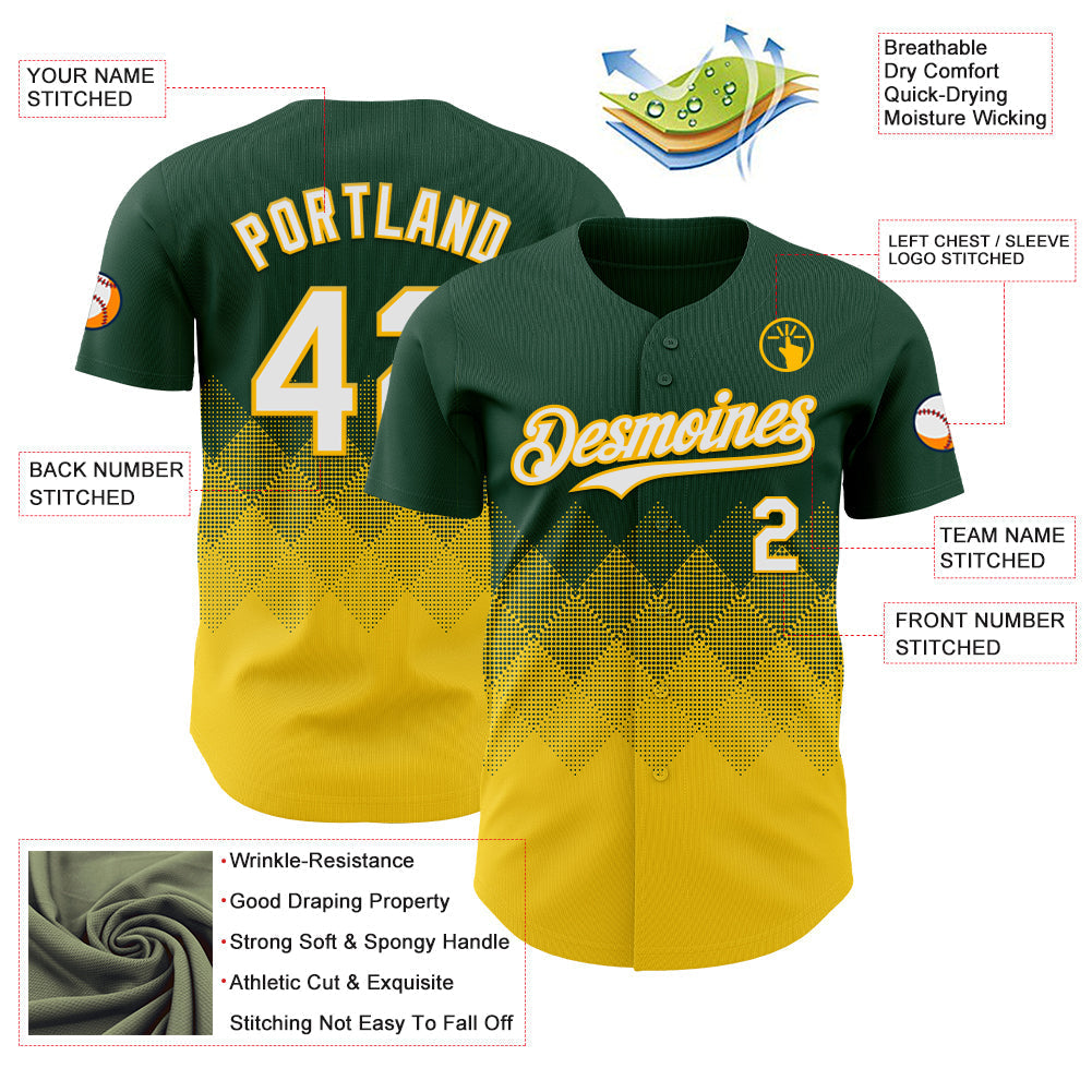 Custom Green White-Yellow 3D Gradient Square Shape Authentic Baseball Jersey baseball jersey product view 3