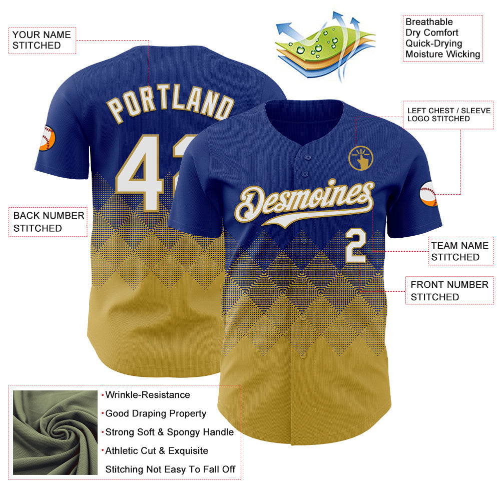 Custom Royal White-Old Gold 3D Gradient Square Shape Authentic Baseball Jersey baseball jersey product view 3