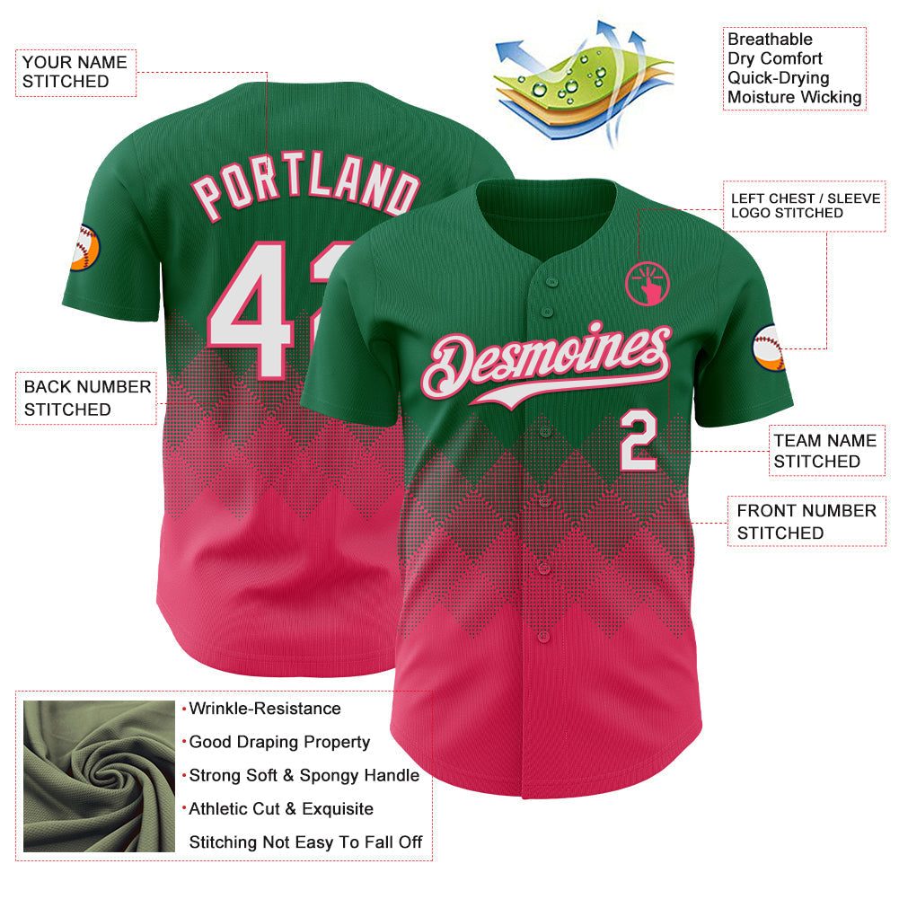 Custom Kelly Green White-Neon Pink 3D Gradient Square Shape Authentic Baseball Jersey baseball jersey product view 3