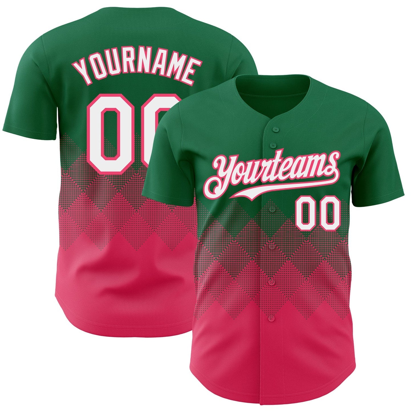 Custom Kelly Green White-Neon Pink 3D Gradient Square Shape Authentic Baseball Jersey baseball jersey product view 1
