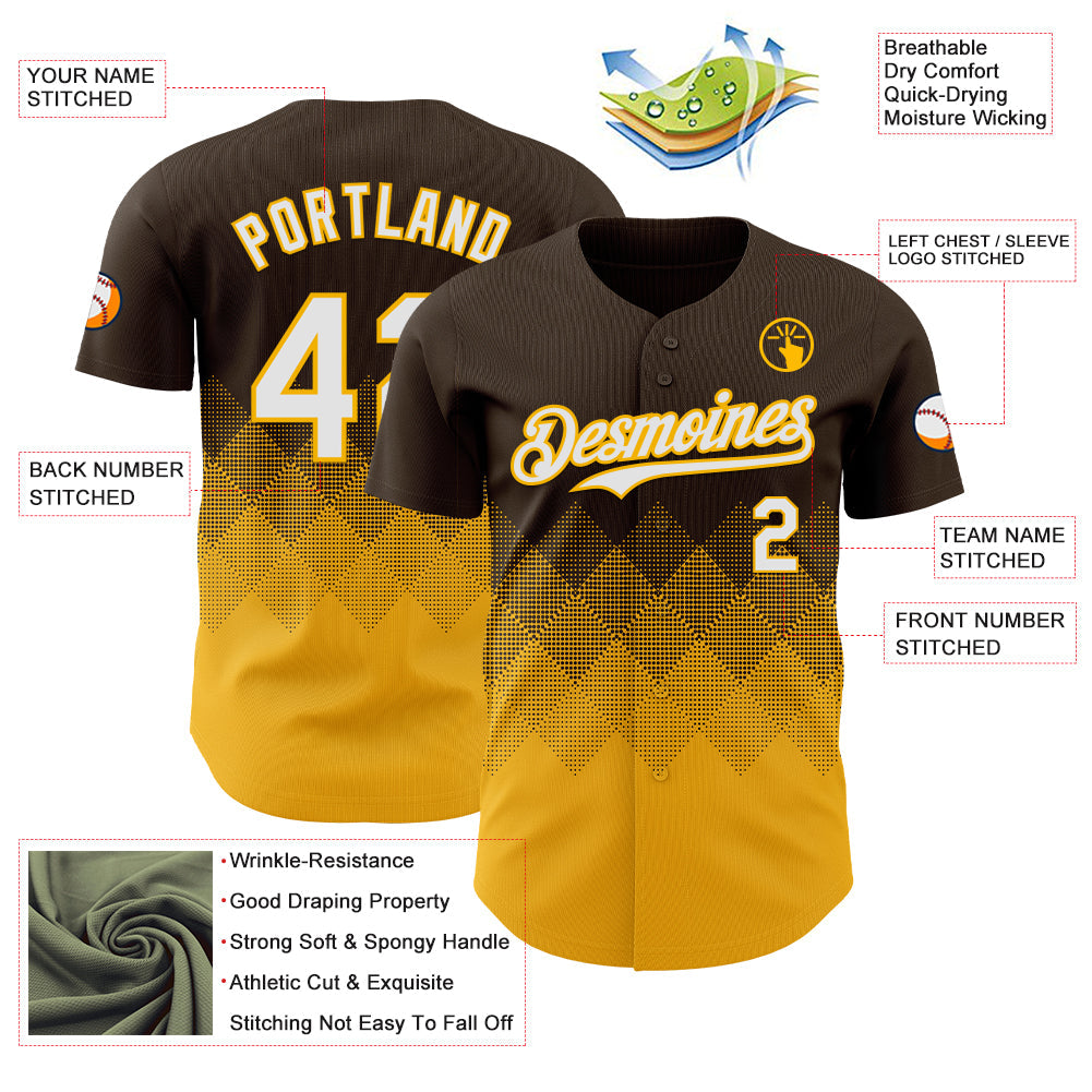 Custom Brown White-Gold 3D Gradient Square Shape Authentic Baseball Jersey baseball jersey product view 3