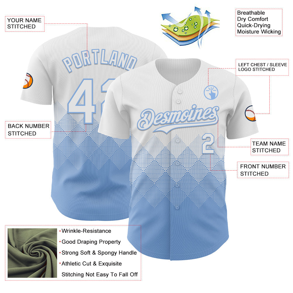 Custom White Light Blue 3D Gradient Square Shape Authentic Baseball Jersey baseball jersey product view 3
