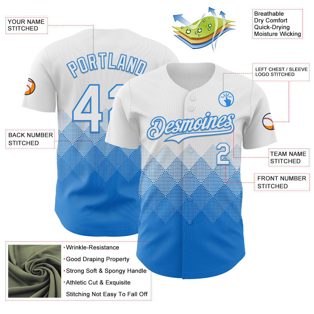 Custom White Electric Blue 3D Gradient Square Shape Authentic Baseball Jersey baseball jersey product view 3
