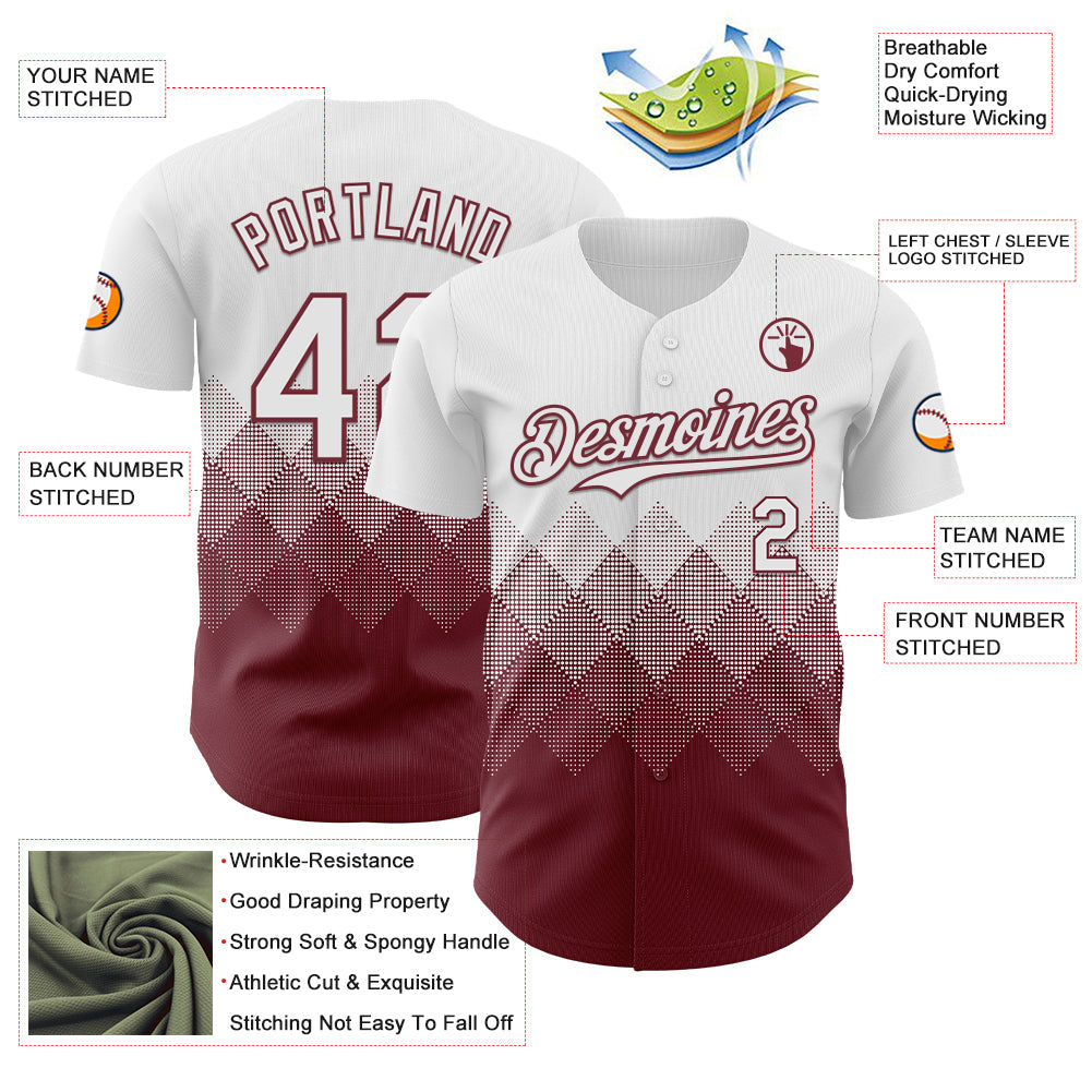 Custom White Burgundy 3D Gradient Square Shape Authentic Baseball Jersey baseball jersey product view 3