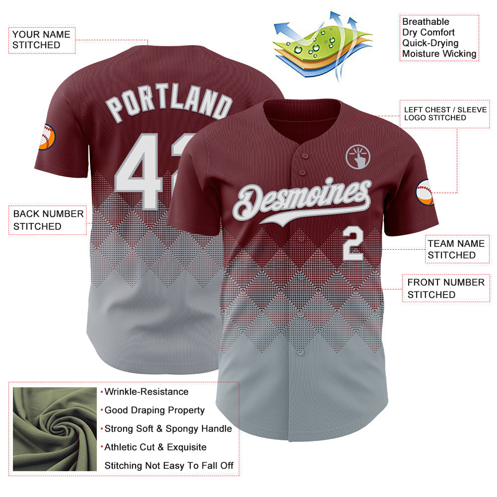 Custom Burgundy White-Gray 3D Gradient Square Shape Authentic Baseball Jersey baseball jersey product view 3