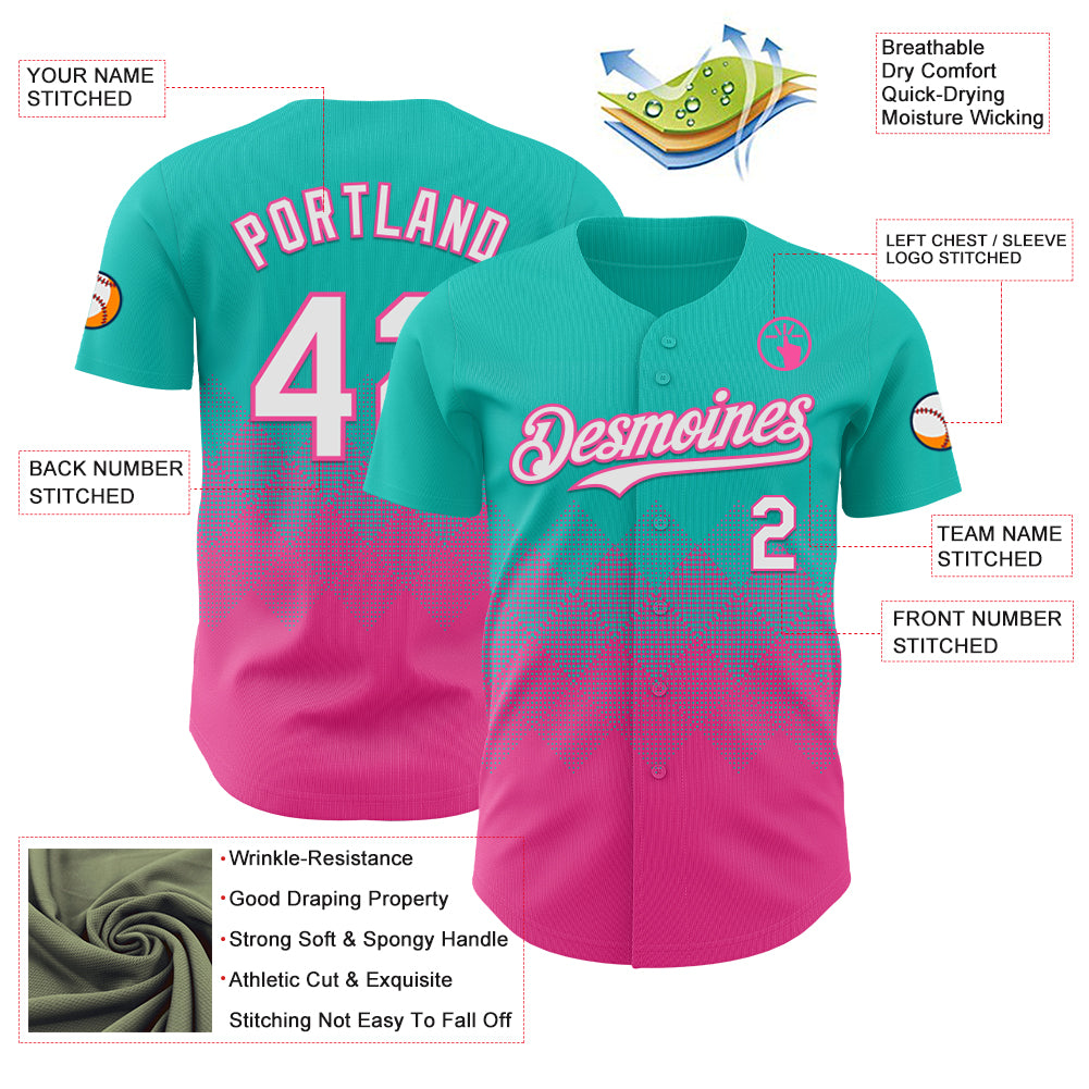 Custom Aqua White-Pink 3D Gradient Square Shape Authentic Baseball Jersey baseball jersey product view 3